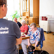 Botschafterhund wird von Rentnerin gestreichelt.