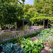 Garten mit Gemüsebeeten, Teich und Pergola